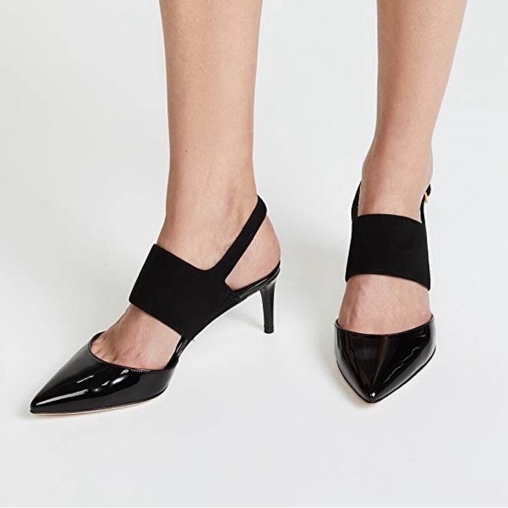 Tory Burch Ashton Black Suede Leather Slingback Kitten Heel Sandal Pumps Sz 9‎